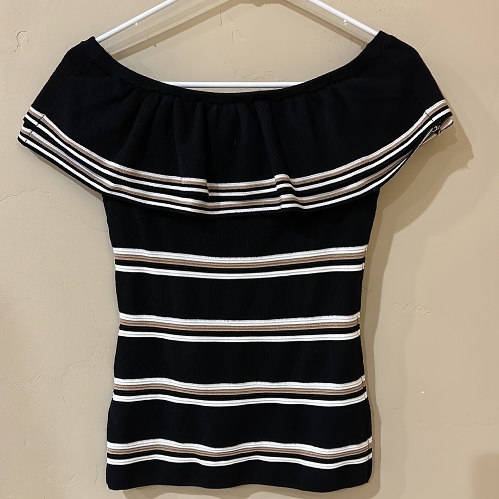 WHBM Off Shoulder Ruffle Striped Sweater Top Black tan white Sz S - Picture 6 of 14